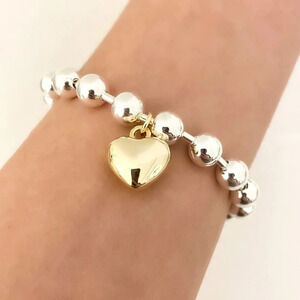 925 Sterling Silver Bead Bracelet Two Tone Chunky Heart Bracelet Dangle Heart